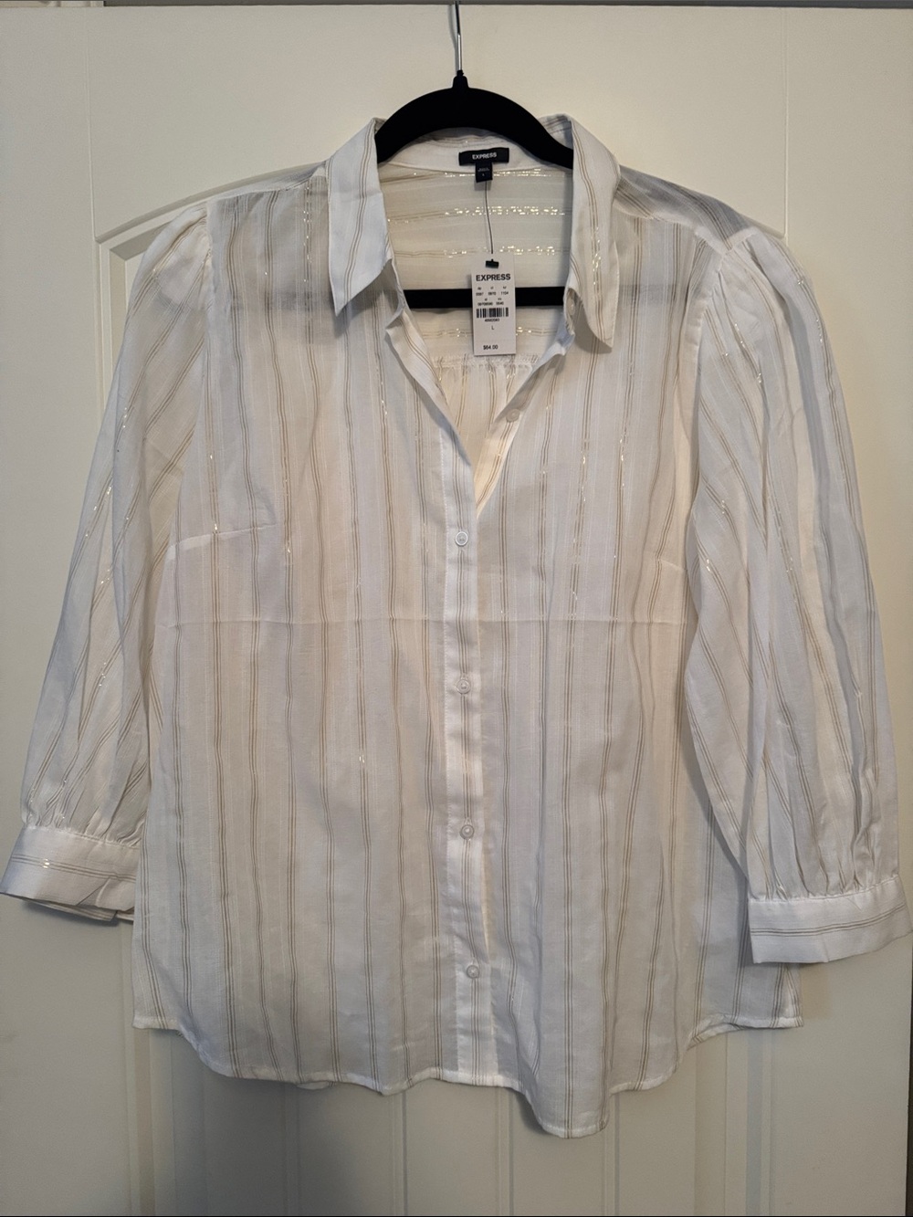 Express White Button-Down Shirt with gold Metallic Stripe Accents, sheer, New, L